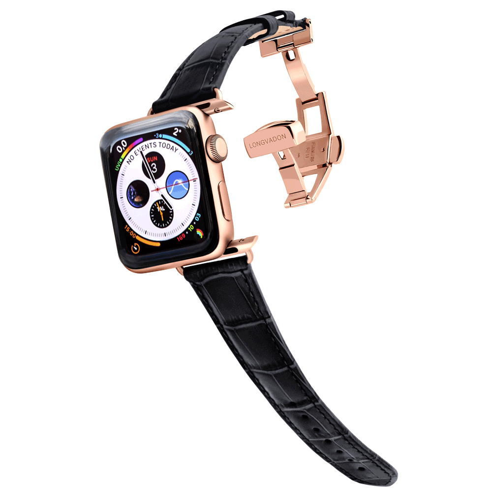 gold apple watch with midnight black leather band for women