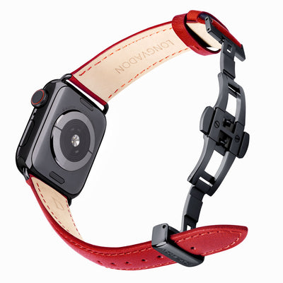 black apple watch with crimson red leather band for women back view