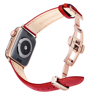 gold apple watch with crimson red leather band for women back view