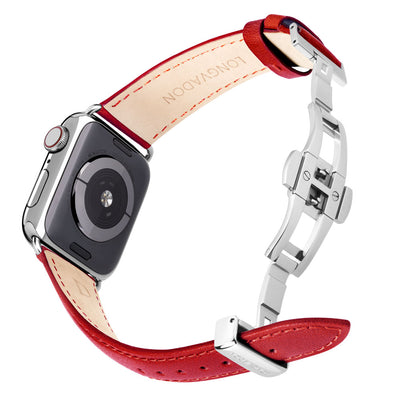 silver apple watch with crimson red leather band for women back view