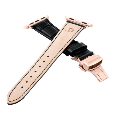 women's midnight black leather band for gold apple watch closer look